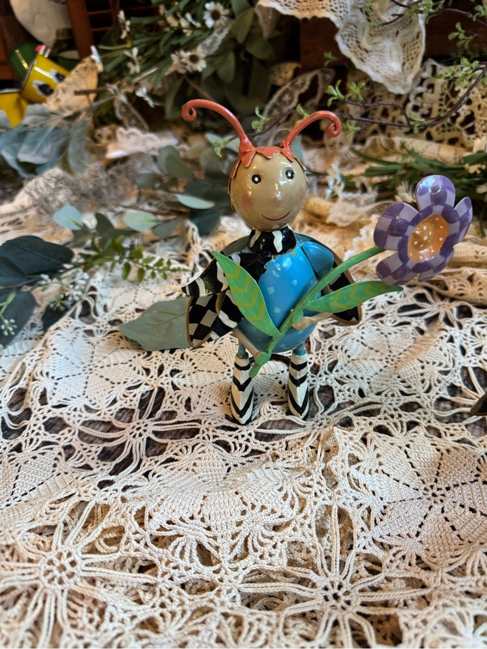 MacKenzie-Childs Blue and Yellow Whimsical Bee Garden Decor - Picture 3 of 8